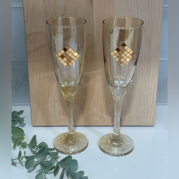 Franco Other - Franco Vetrerie Champagne Flute Glasses Set Of 2 Bronze Tone Embellish crystal